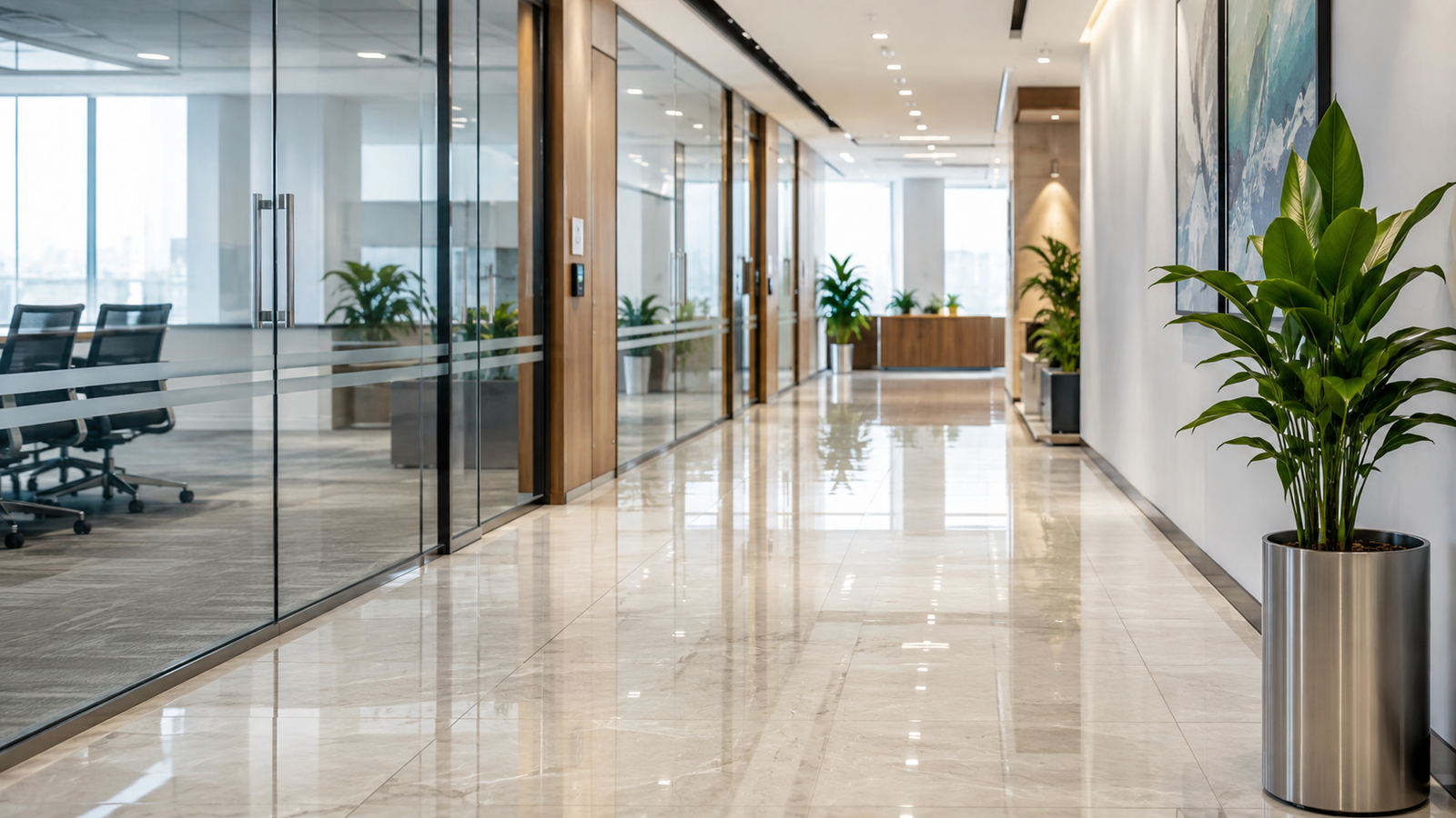 Clean corporate facility maintained with professional hygiene supplies