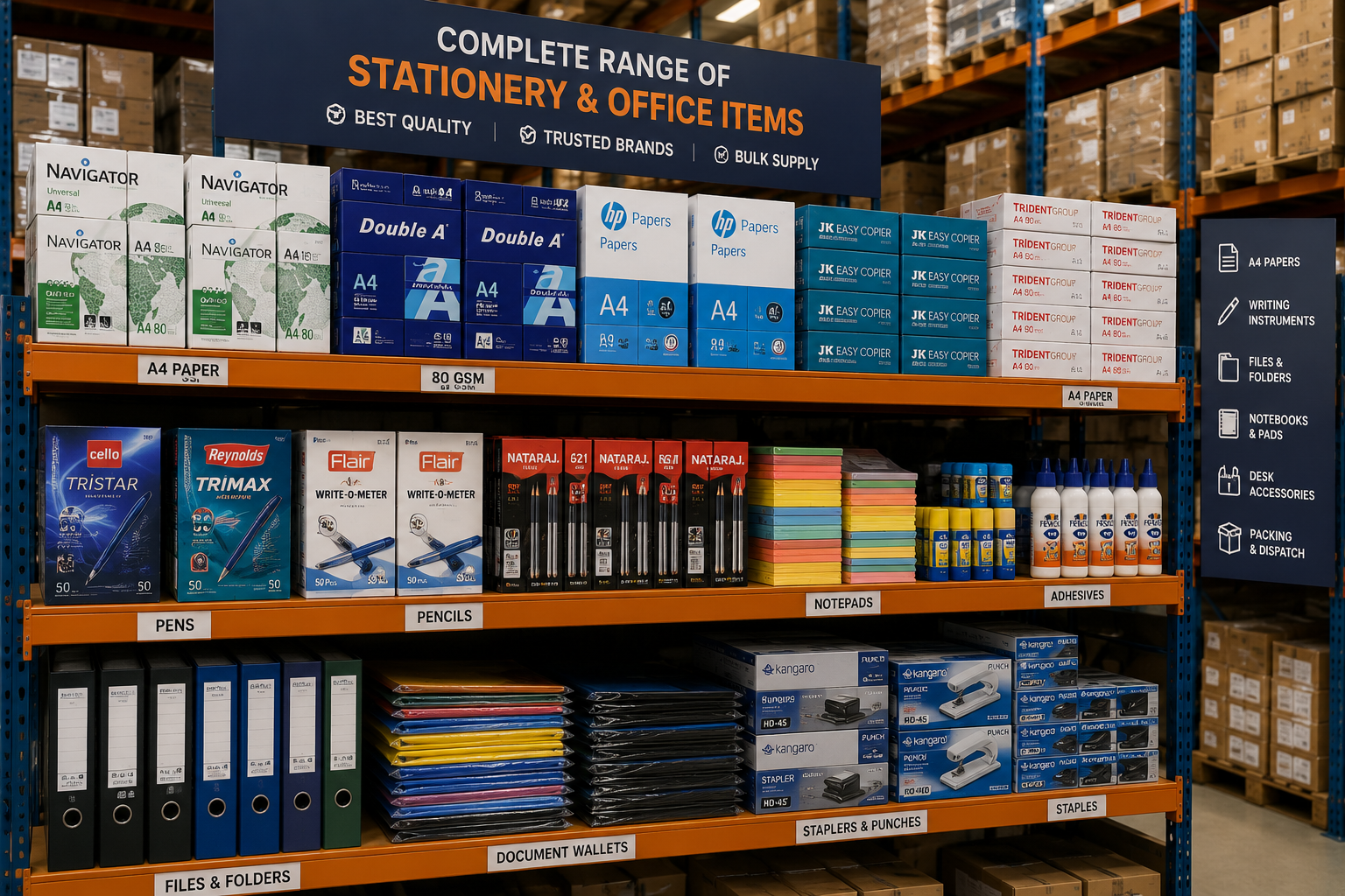 Bulk office paper and stationery supplies on storage shelves