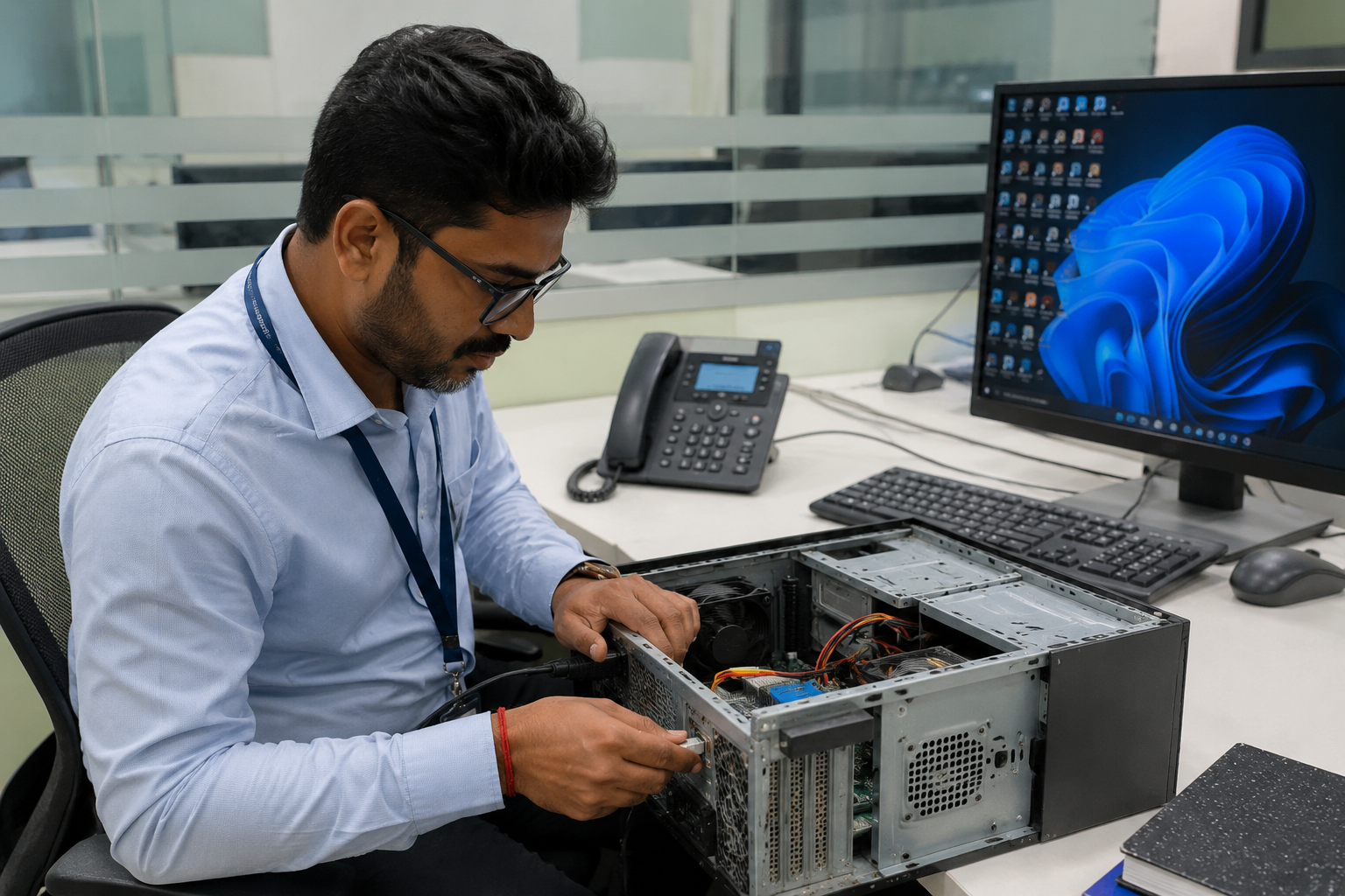 IT technician configuring business hardware and software