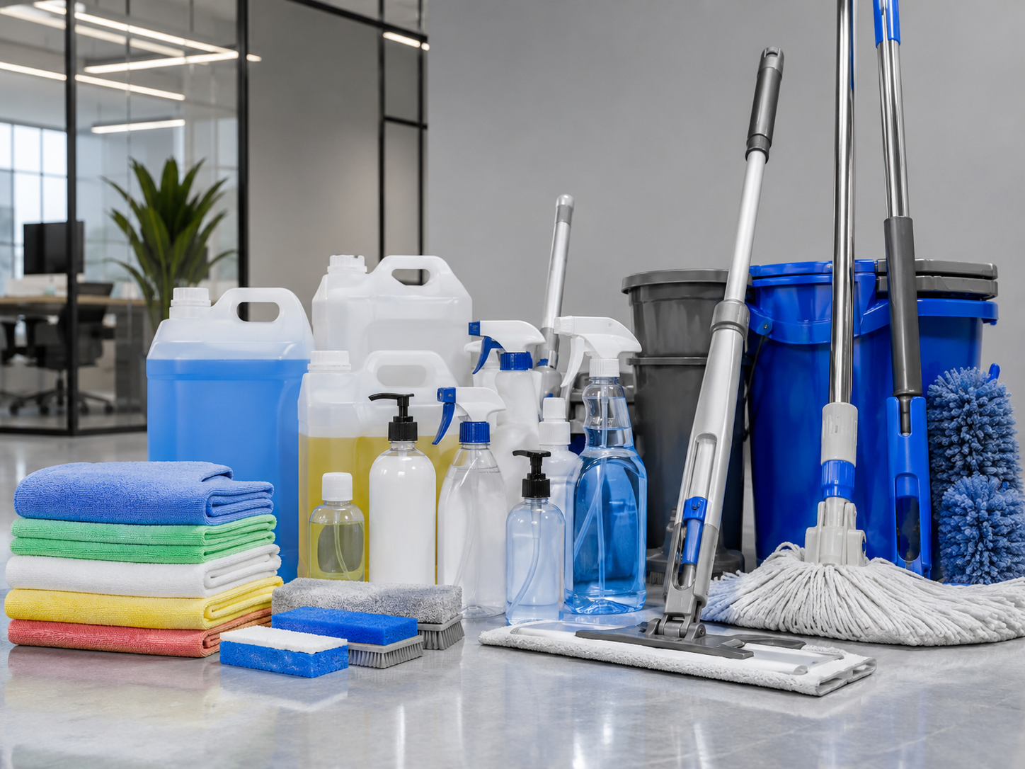 Commercial cleaning chemicals, disinfectants and microfiber cleaning supplies
