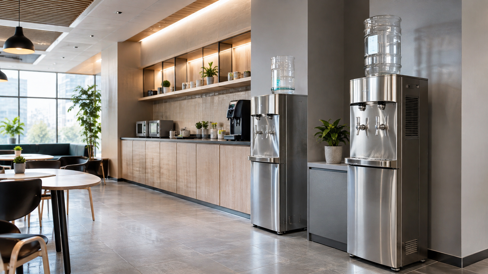 Commercial stainless steel water coolers in a corporate workplace
