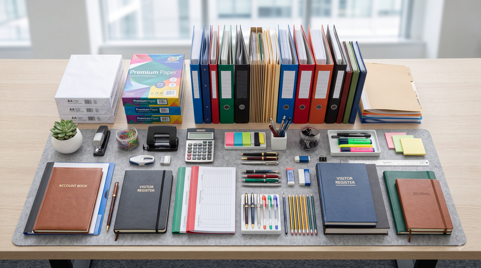 Office stationery supplies including paper, files and binders