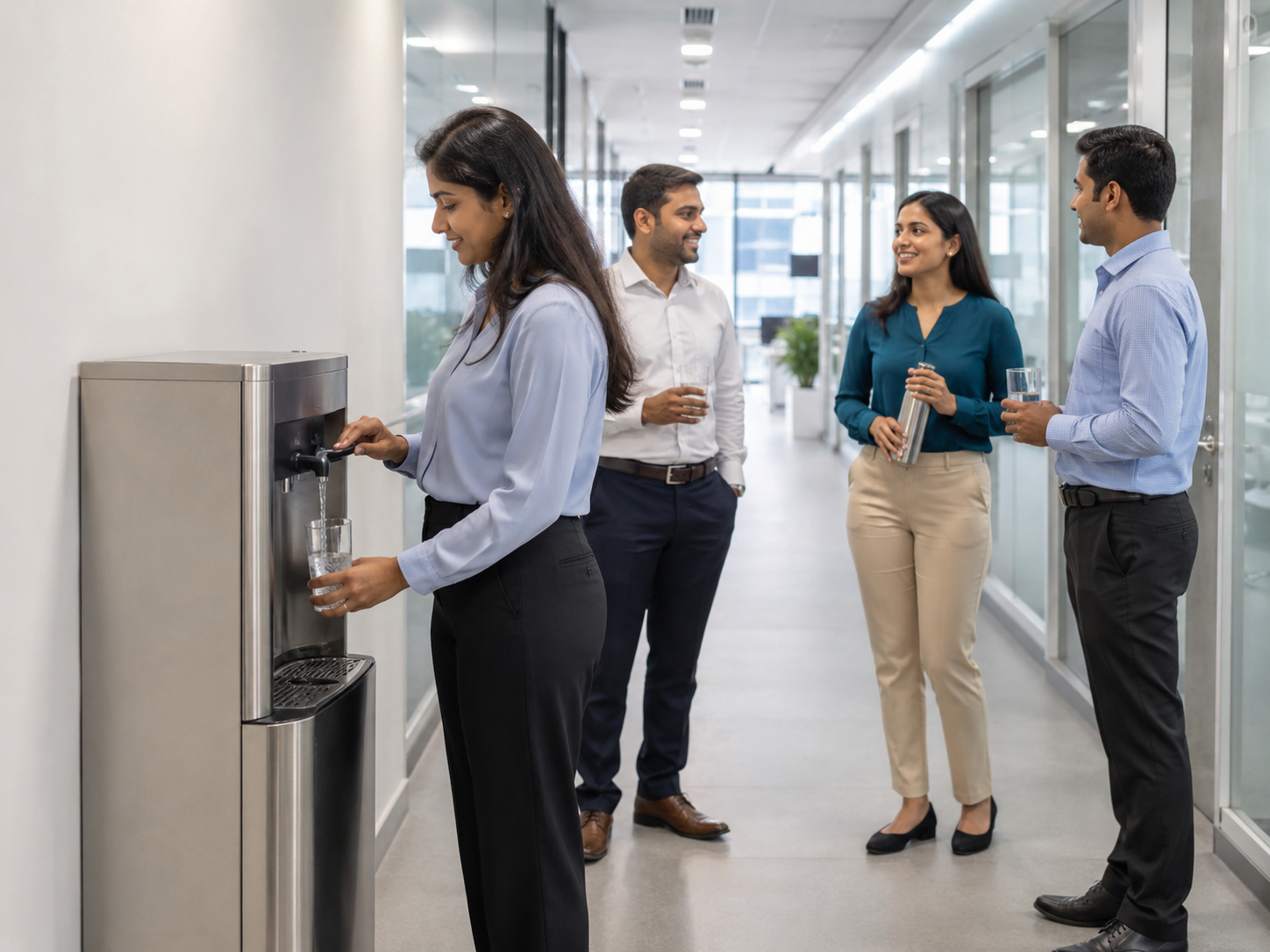 Employees using a workplace hydration station