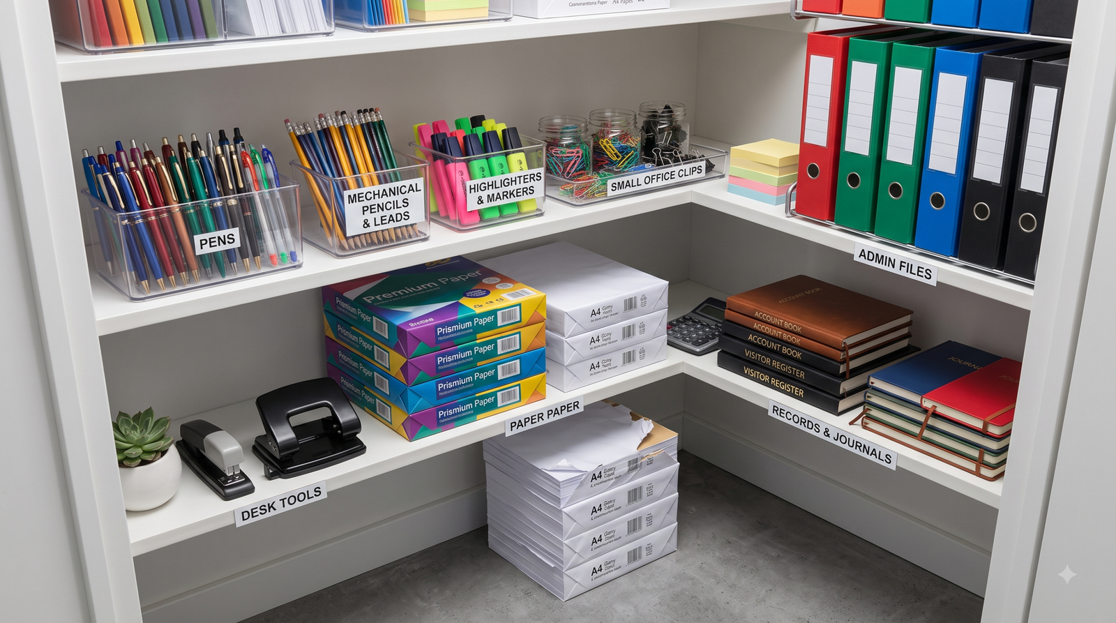 Organised workplace supply storage with office essentials