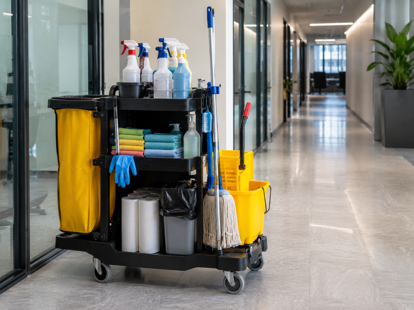 Professional janitorial cart stocked with workplace cleaning supplies