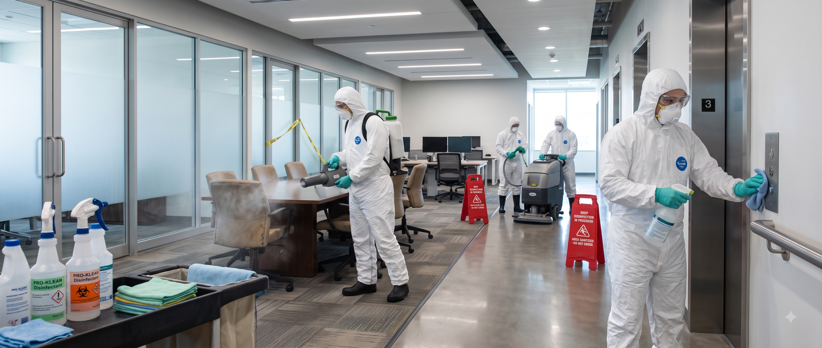 Professional sanitation crew conducting deep disinfection in a managed facility