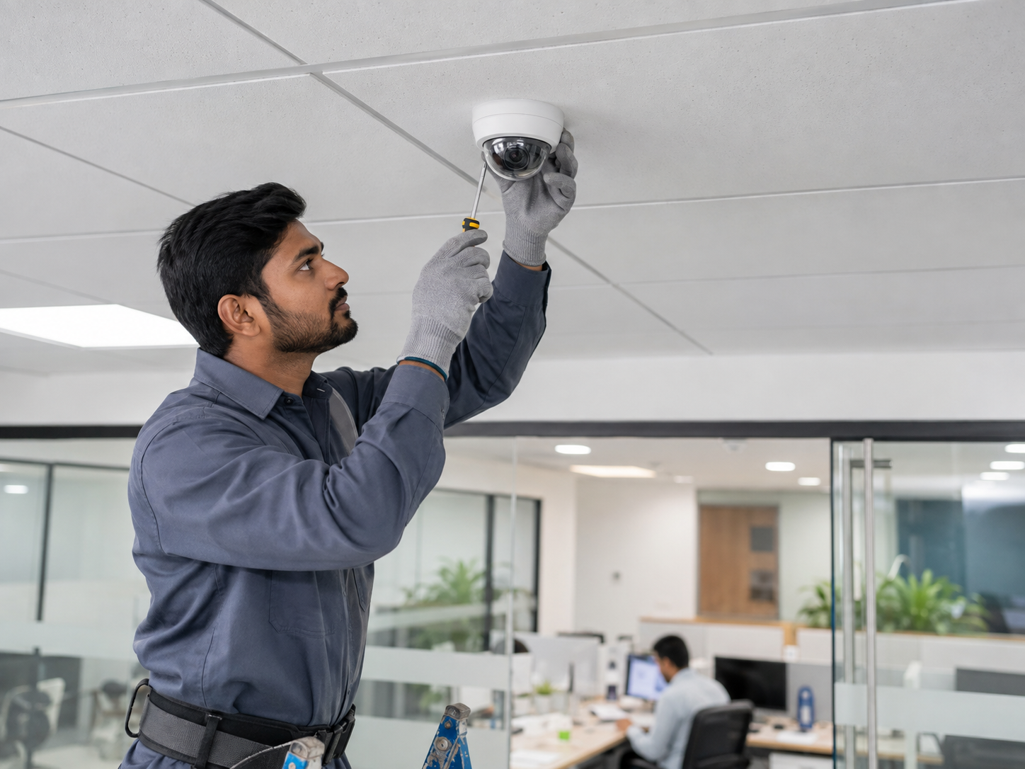 Technician installing a CCTV camera in an office